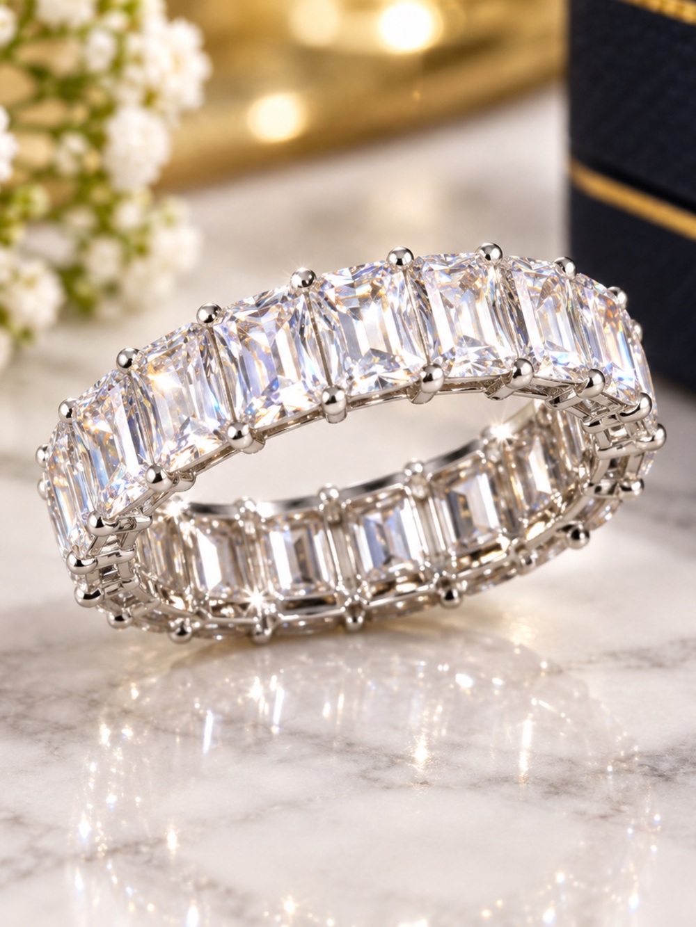AAAAA CZ Emerald-Cut Eternity Band - White Silver Sparkle. Size 9
